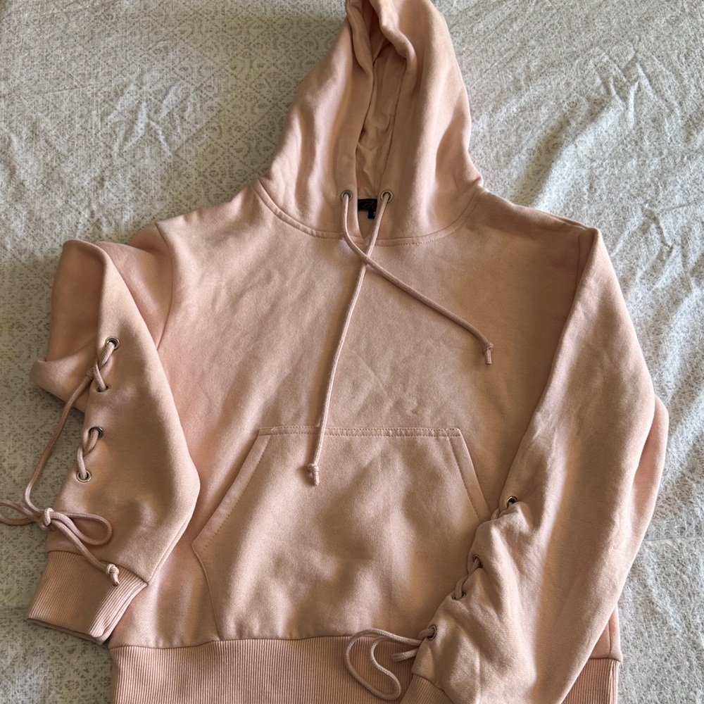 Luxe Blush Hoodie with Lace-Up Sleeves - Used